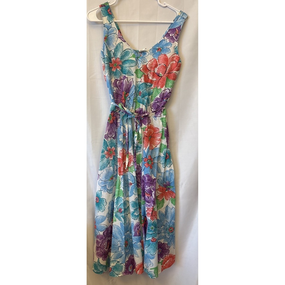 Vtg 60-70s White Floral Print V-Neck Elastic Tie Waist Fit & Flare Midi Dress 16